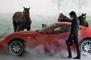 red car and horse